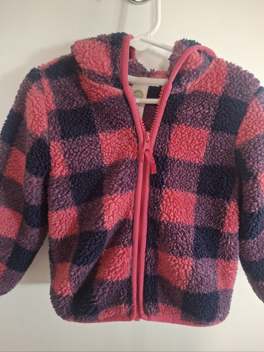 Little Me Hooded Sherpa Jacket in Pink & Purple Plaid
